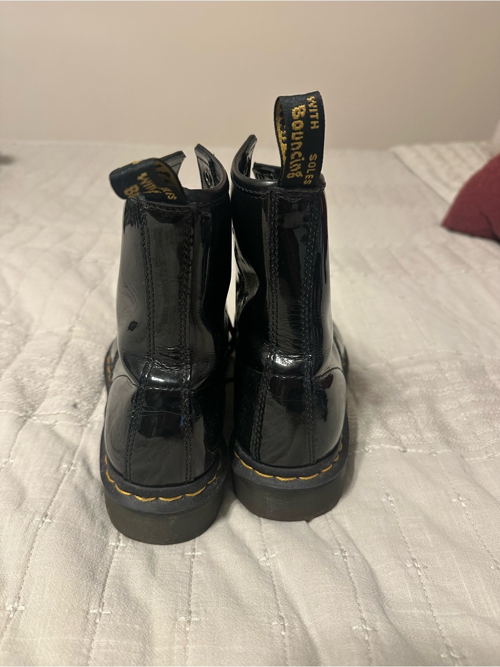Dr. Martens Black Patent Lace-Up Combat Boots with Yellow Stitching - Picture 3 of 6